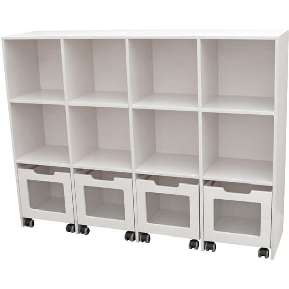 Kubus skabsreol 8 rum og 4 glaskasser på hjul