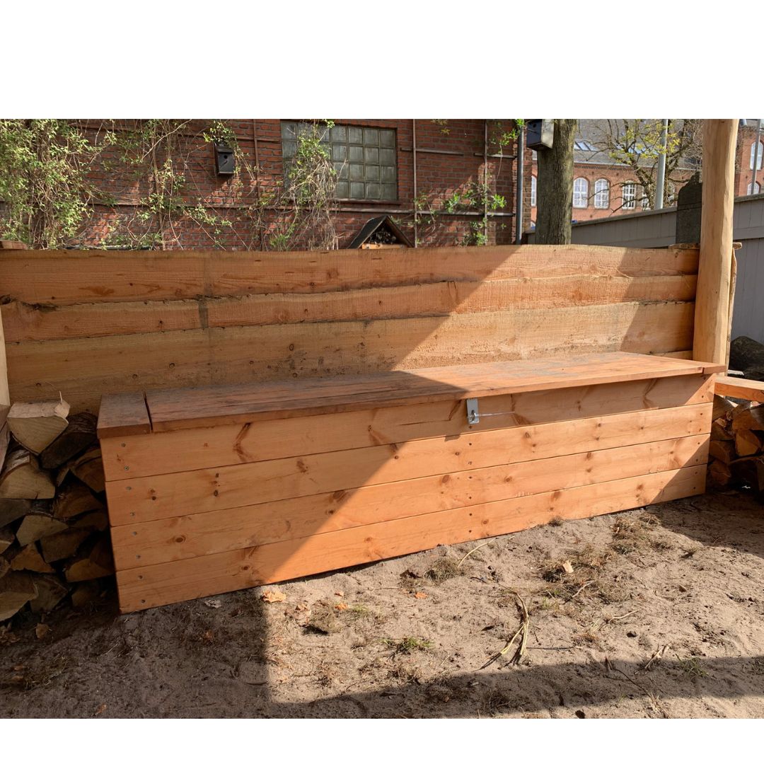 Utomhus förvaringslåda och bänk